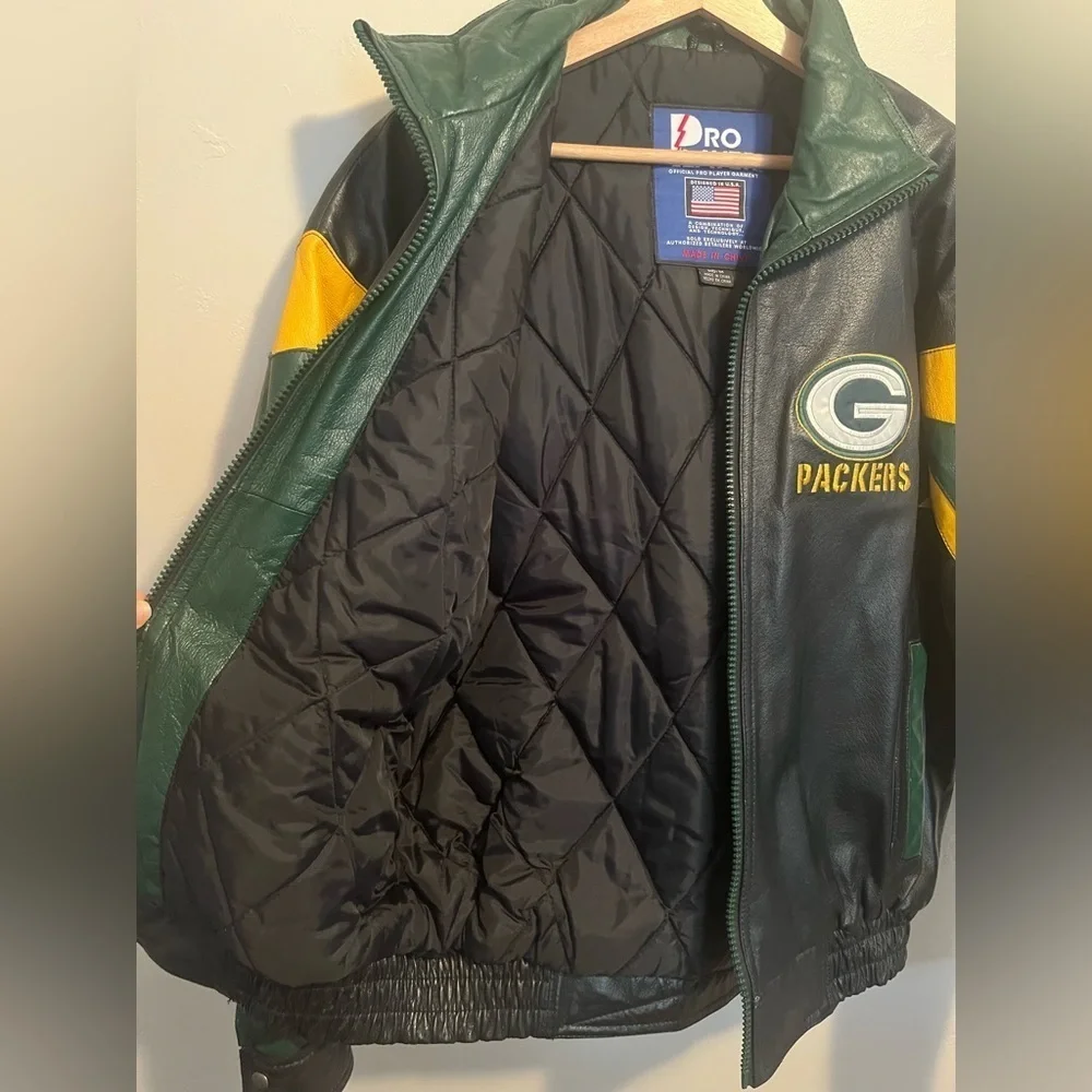 Vintage 90s Green Bay Packers Pro Player Leather Black Jacket Size Medium Rare